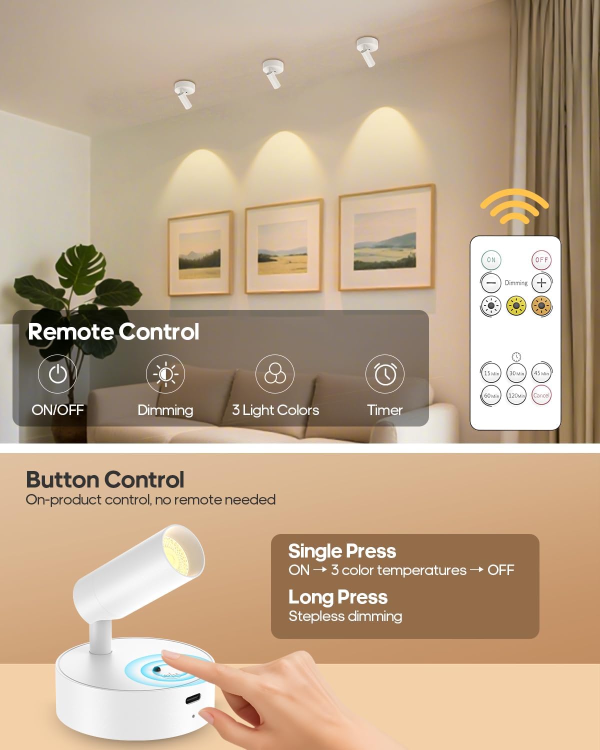 Spotlights Indoor with Remote, 3000Mah Rechargeable Wireless Plant Light | Up Lights with 3 Colors & Dimmer, Small LED
