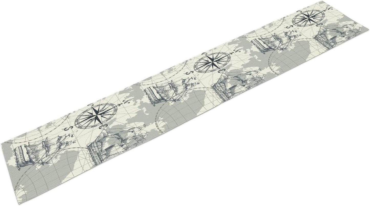 Nautical Sailboat Map Table Runner, Sketch Pirate Ship Wheel Compass Patterns Printed Linen Table Runner for Home