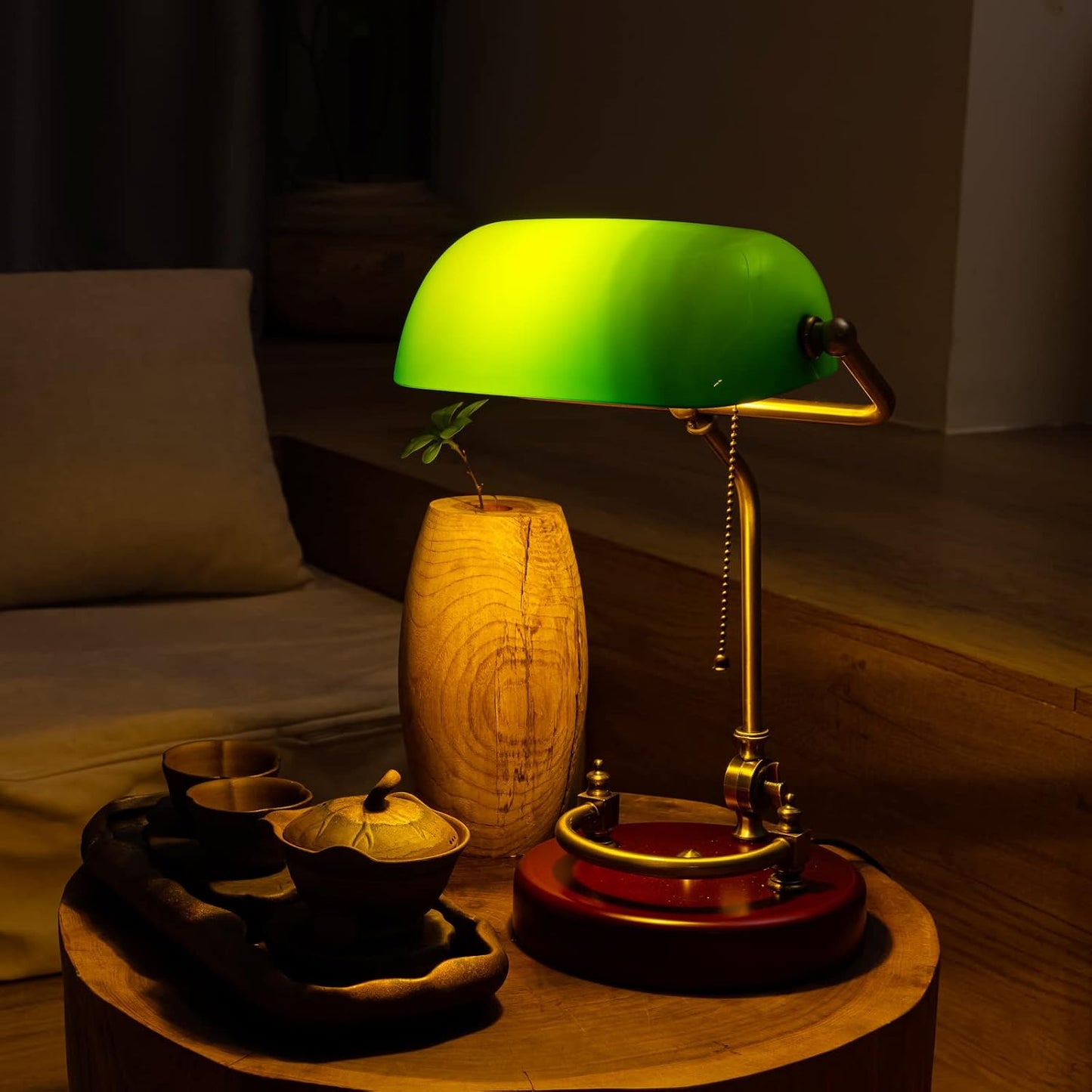 Bankers Lamp Traditional Green Glass Desk Lamp Solid Wood Pull Chain Switch | Plug in Antique Study Reading Library