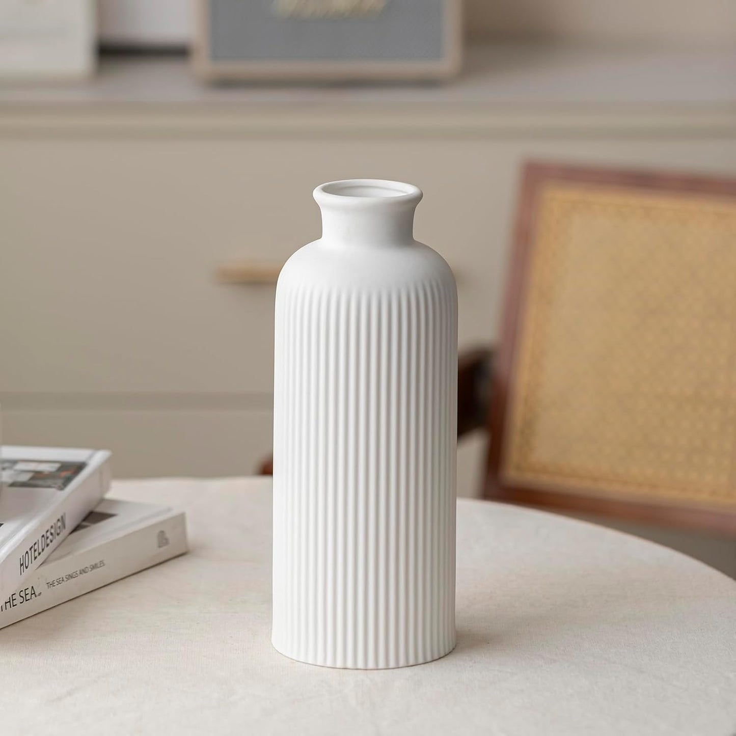 Modern Textured Decorative Vase / Bisque White / 10 Inch