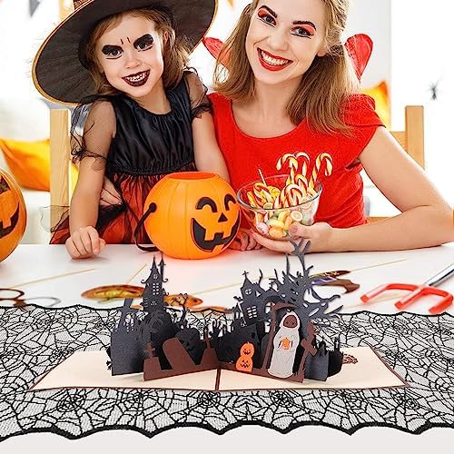 Halloween Table Runner, Black Lace Table Runner, 14 X 48 Inch Spider Web Table Runners Halloween Table Decor, Polyester Lace Table Runners Halloweens Table Decoration for Parties Gathering