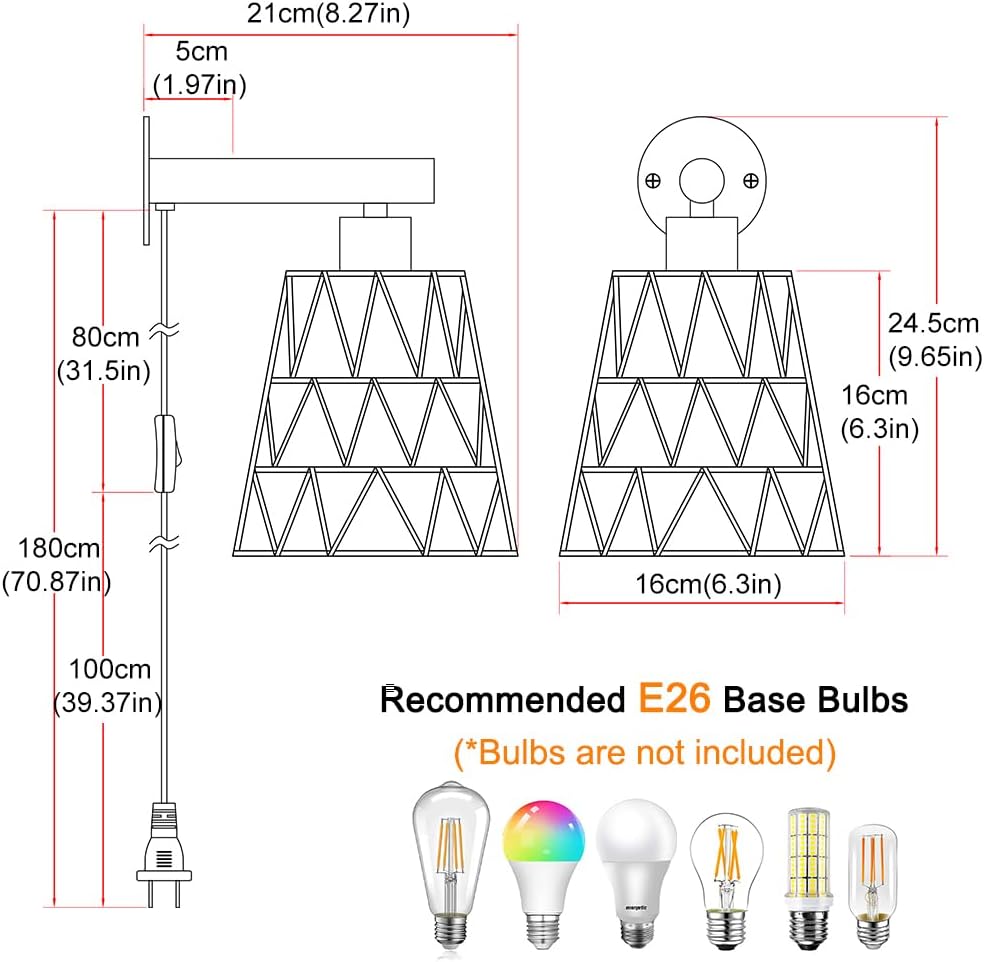 Boho Plug in Wall Sconce Set of 2 – Black Farmhouse Wall Lights with Rattan Shade | Bedroom & Living Room Plug in Wall