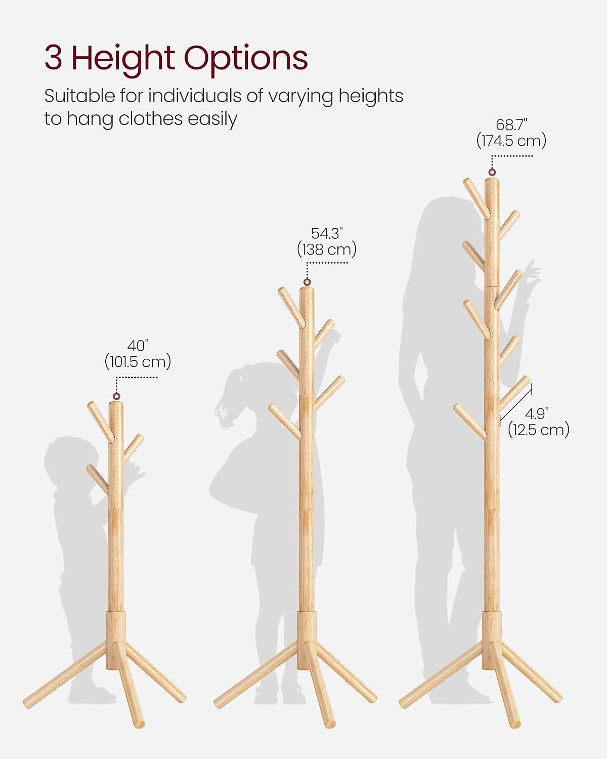 VASAGLE Solid Wood Coat Rack, Free Standing, Tree-Shaped, with 8 Hooks | Coat Tree，3 Height Options, for Clothes, Hats