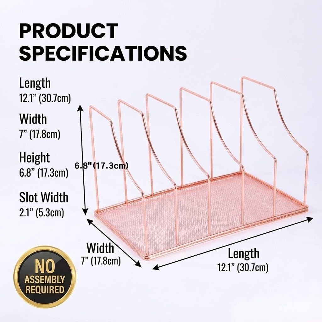Rose Gold Binder Organizer for Desk, 5 Slot Metal Wire Vertical File Sorter with Mesh Bottom, Desktop Magazine Holder