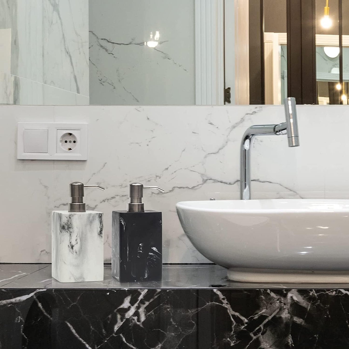2pcs Hand Soap and Lotion Dispenser Sets for Bathroom Countertop,Black Marble Texture Resin Stone Liqiud Dish Soap