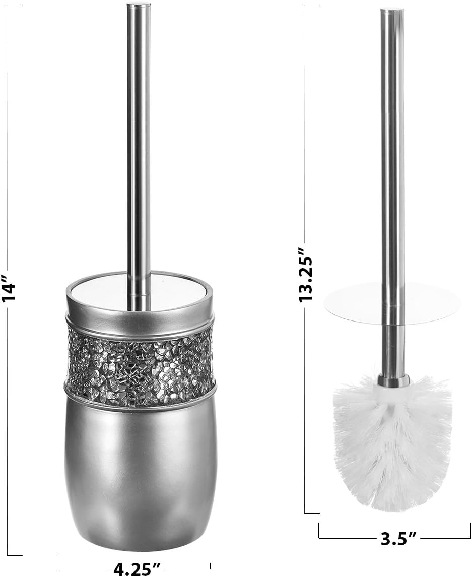 Creative Scents Crackled Glass Toilet Brush with Holder - Silver Toilet Bowl Cleaner Brush and Holder - Good Grip, Deep
