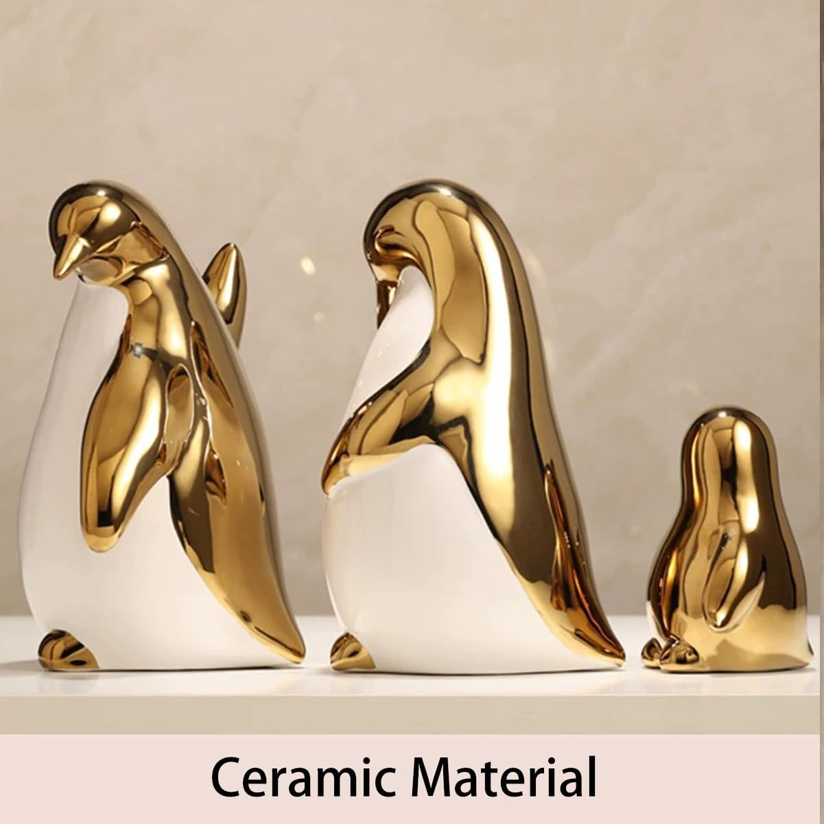 Ceramic Statues Aesthetic Abstract Penguins Sculpture Modern Home Decor / White Gold / Set of 3