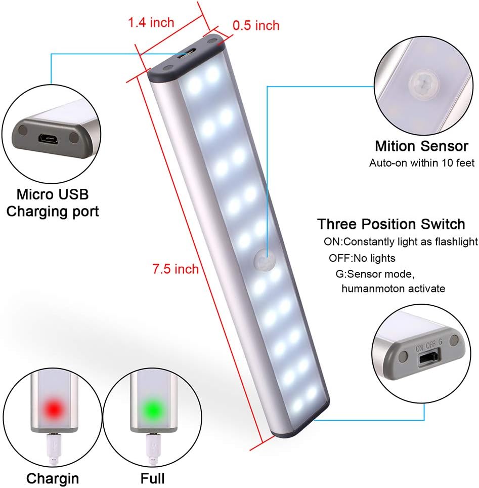 RXWLKJ Rechargeable Motion Sensor Led Lights Under Counter Closet Lighting Battery Operated Light Kitchen 20-Led Under