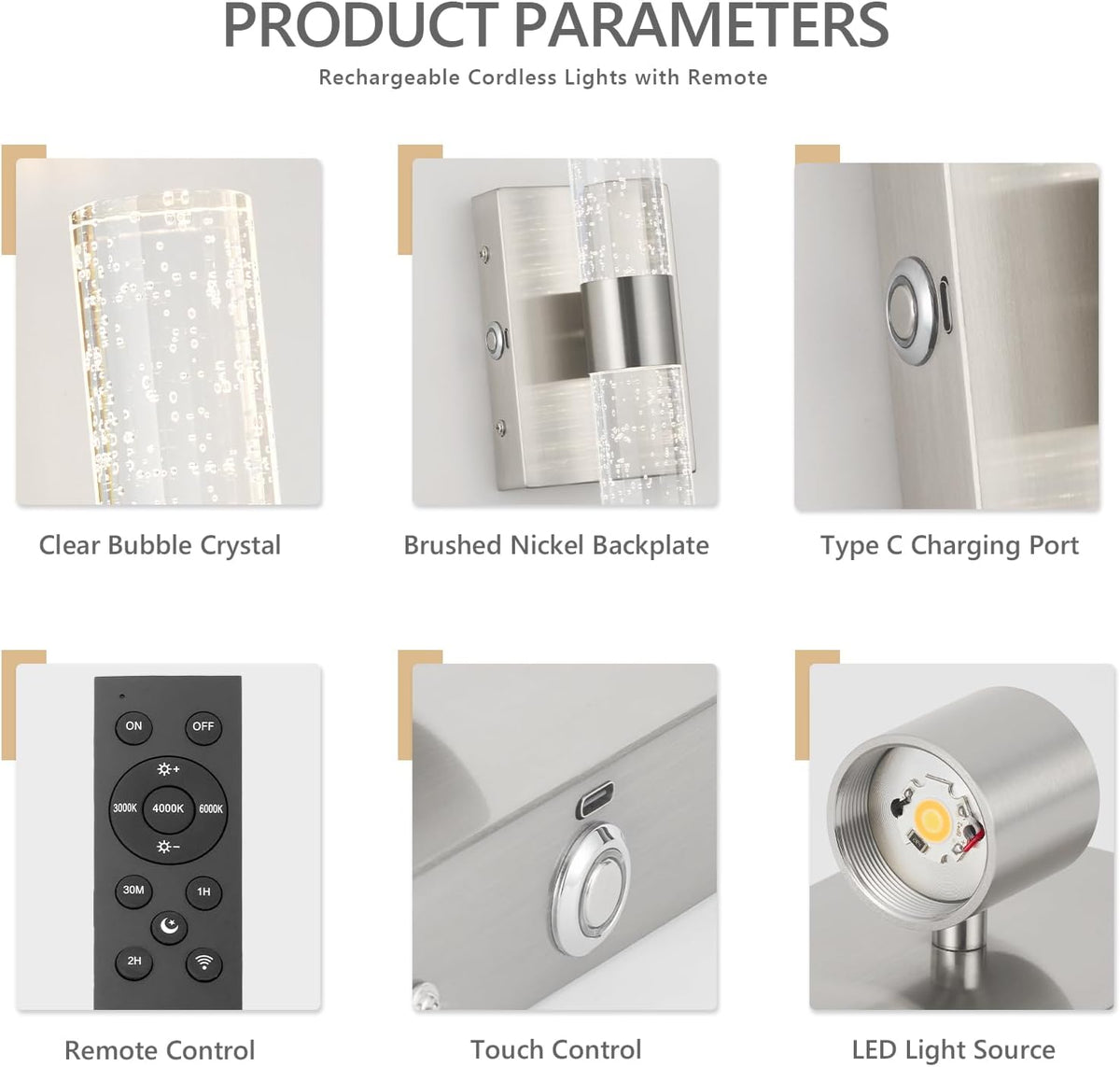 Battery Operated Wall Sconces Set of 2, 20000mAh Rechargeable Wall Light | Remote Control 3000K-6000K Dimmable LED