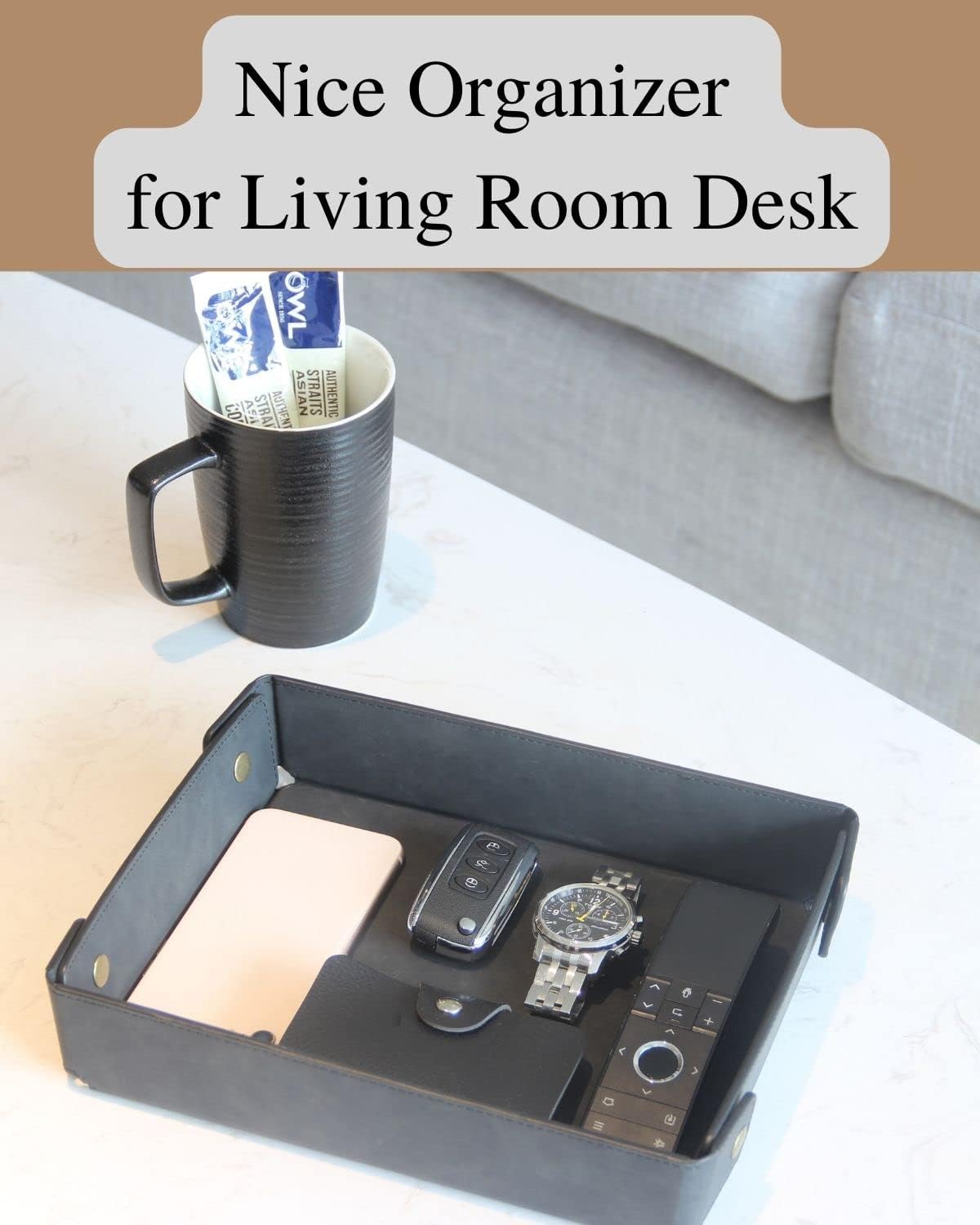 Faux Leather Valet Tray Organizer for Men / Black / Rectangle