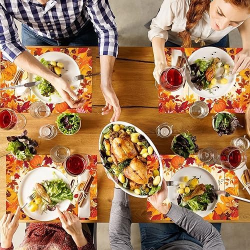 Whaline 100Pcs Fall Thanksgiving Paper Place Mats Pumpkin Leaves Disposable Placemats Autumn Seasonal Decorative Paper Table Mats, 14 x 9.8 Inch