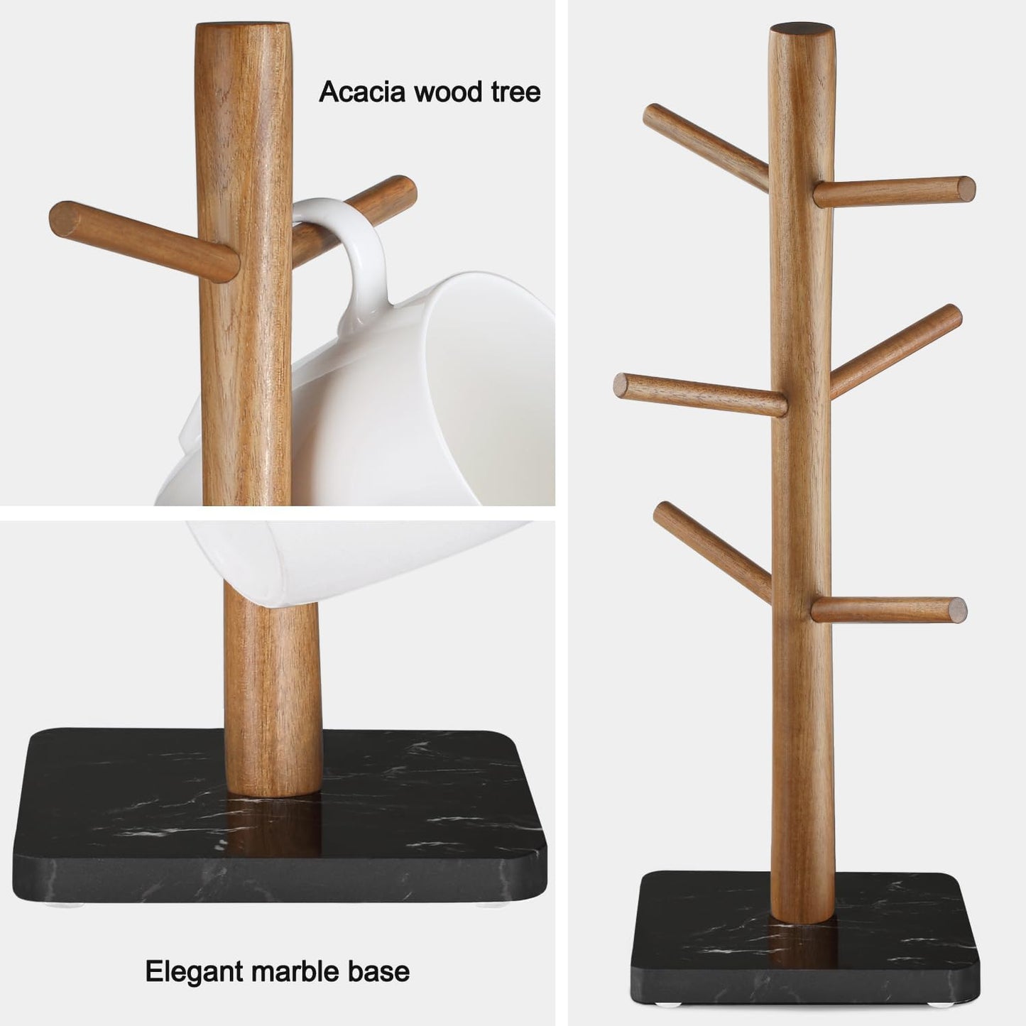 Buruis Acacia Wood Mug Holder with Marble Base, 6 Hook Mug Tree, Black | Coffee Mug Rack for Countertop, Space-Saving