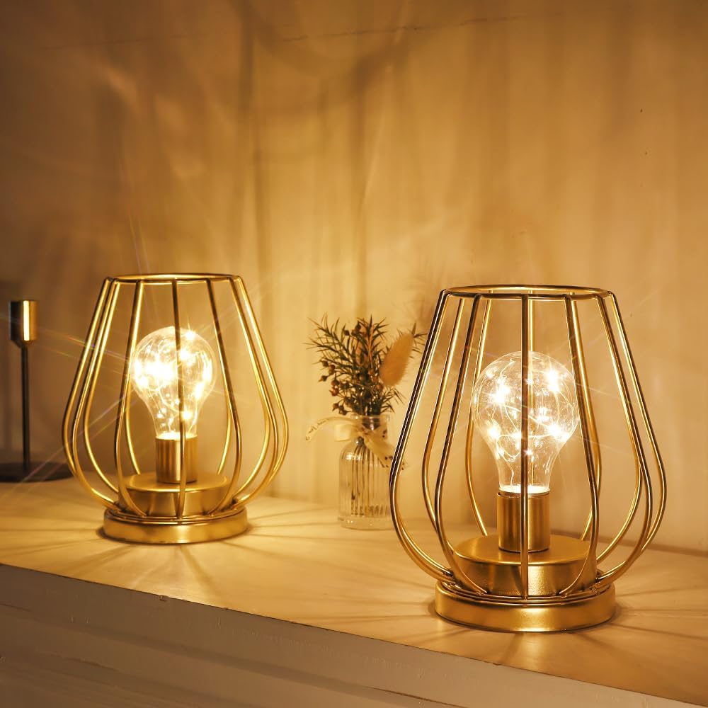 TRIROCKS Set of 2 Metal Battery Operated Lamp 7'' Tall Mini Cage Shape Cordless Table Lamp Battery Lanterns with Warm