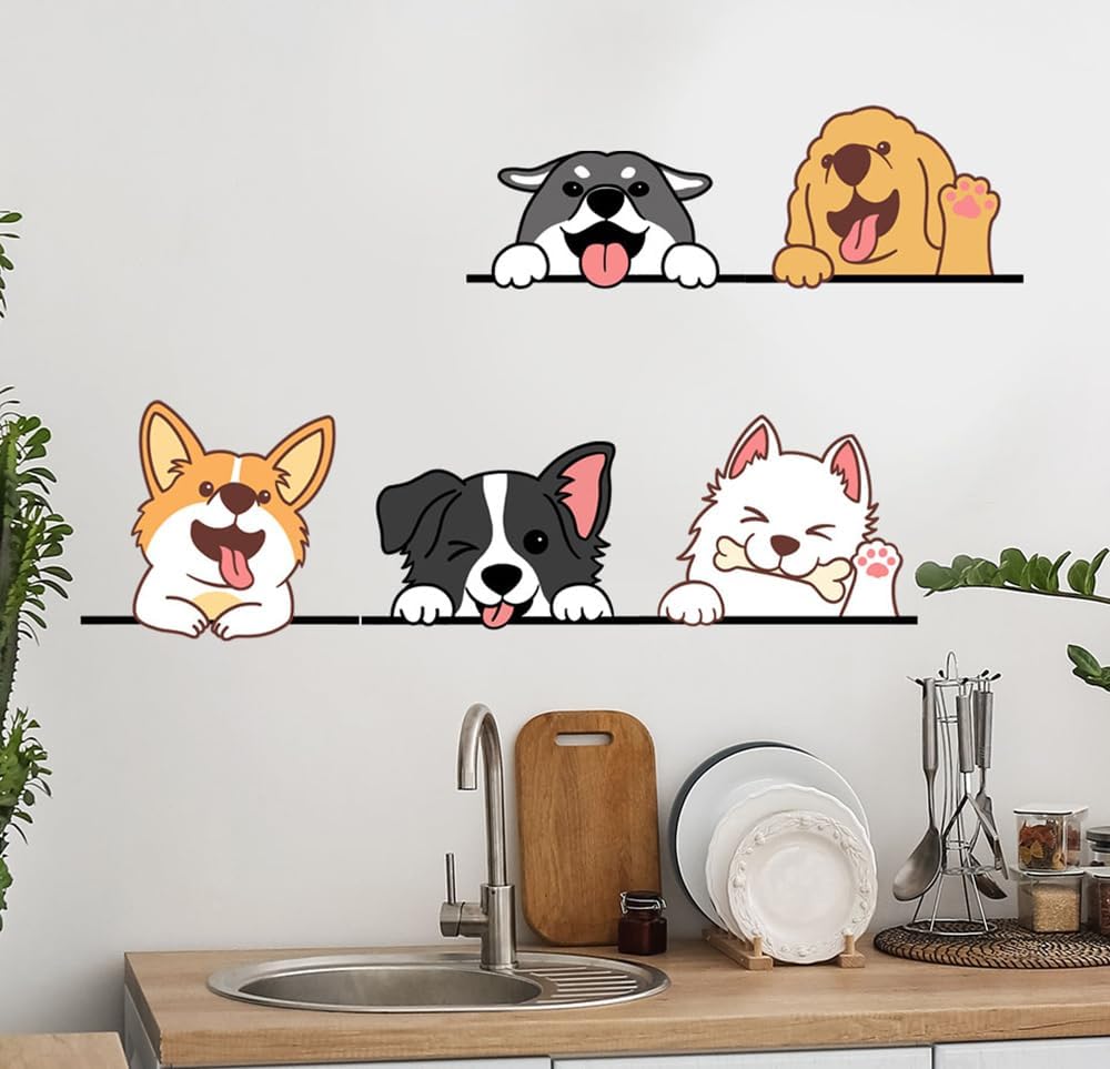 Reusable PVC Decals / 5 Multicolor Cartoon Smiling Puppies Dog Wall Stickers