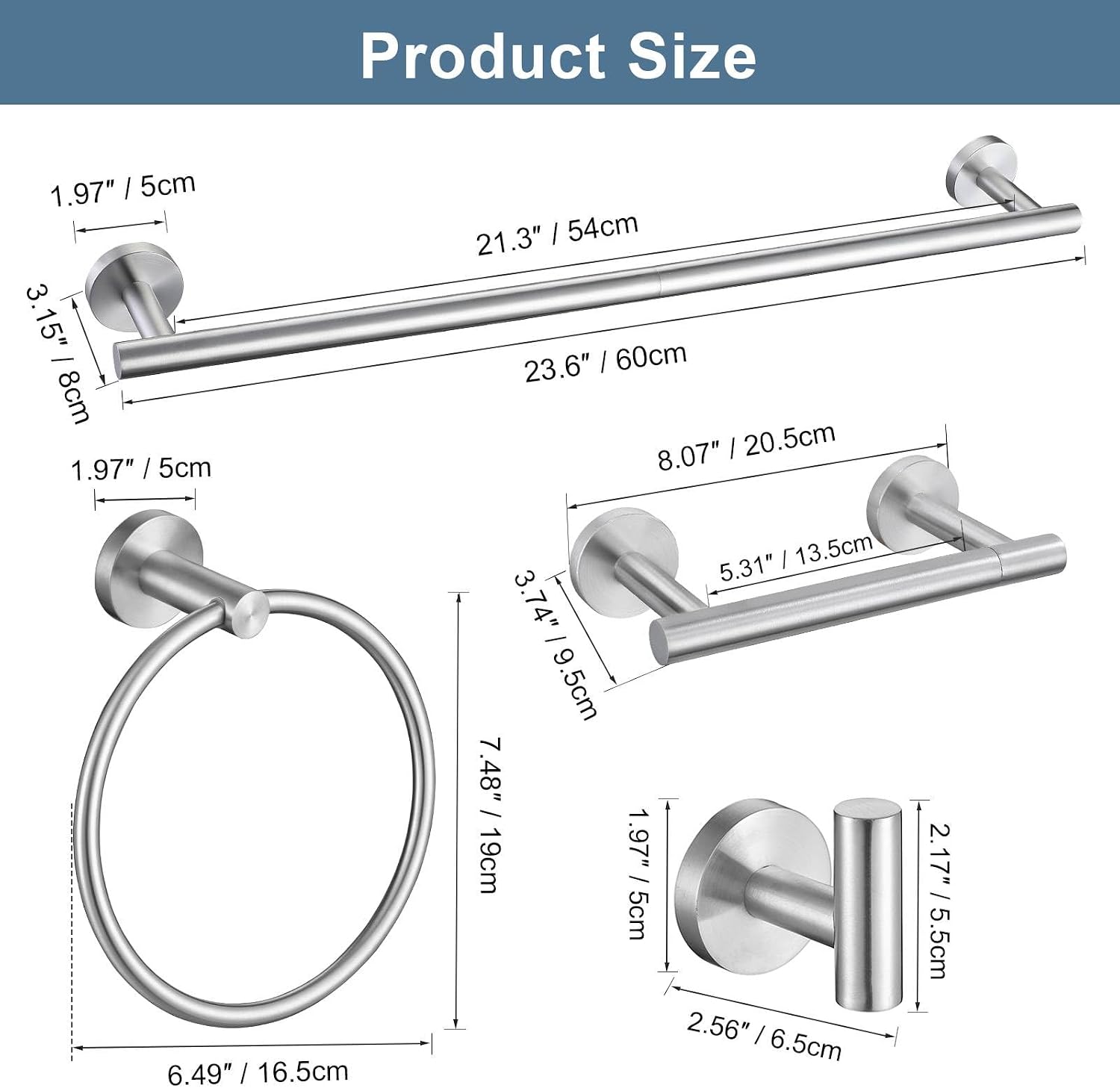 Brushed Nickel Bathroom Hardware Accessories Set, 5 Pieces Round Towel Bar Set Toilet Paper Holder Towel Rail Set for