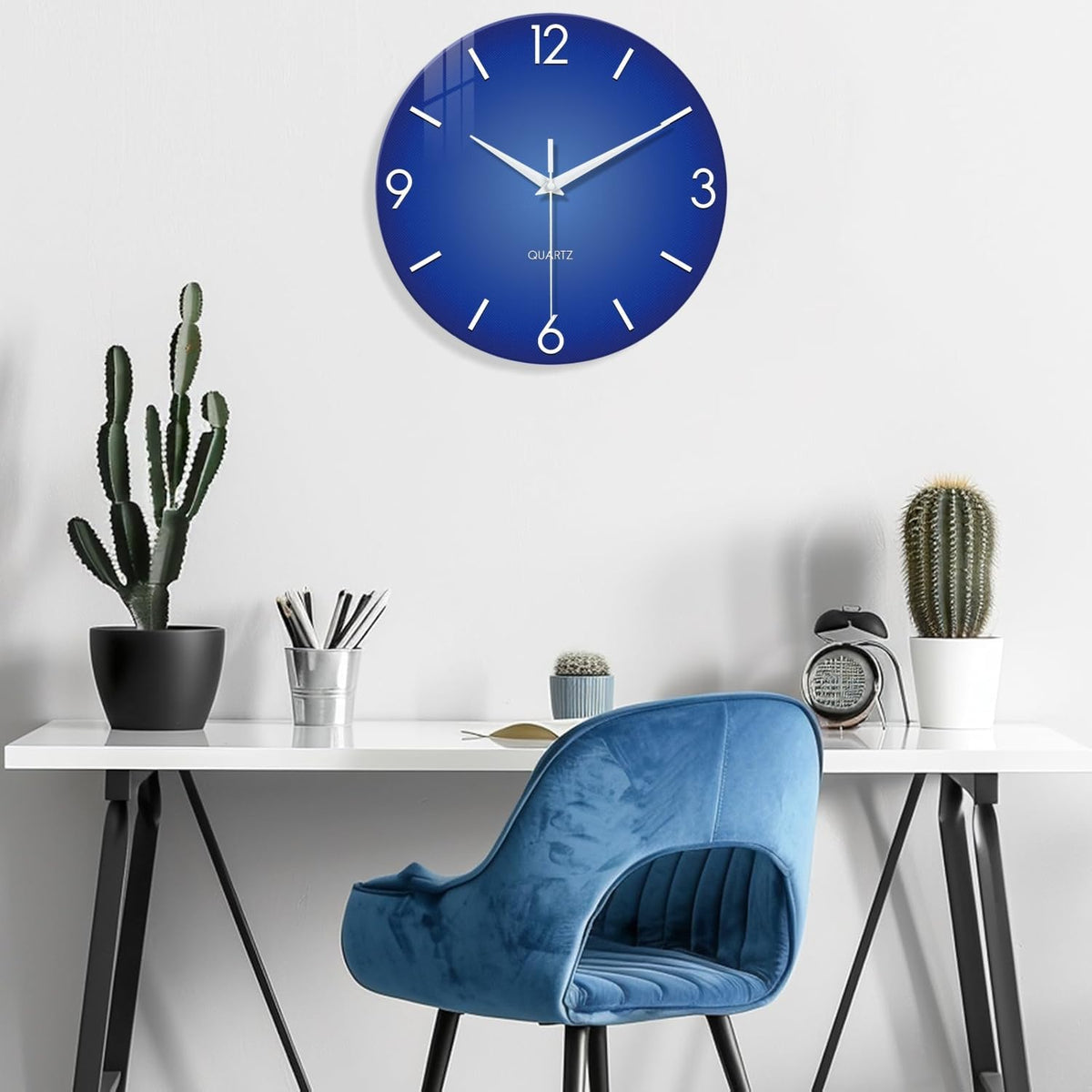 Large Blue Glass Wall Clock 20 Inch Modern | Battery Operated Silent Non Ticking Simple Minimalist Round Analog