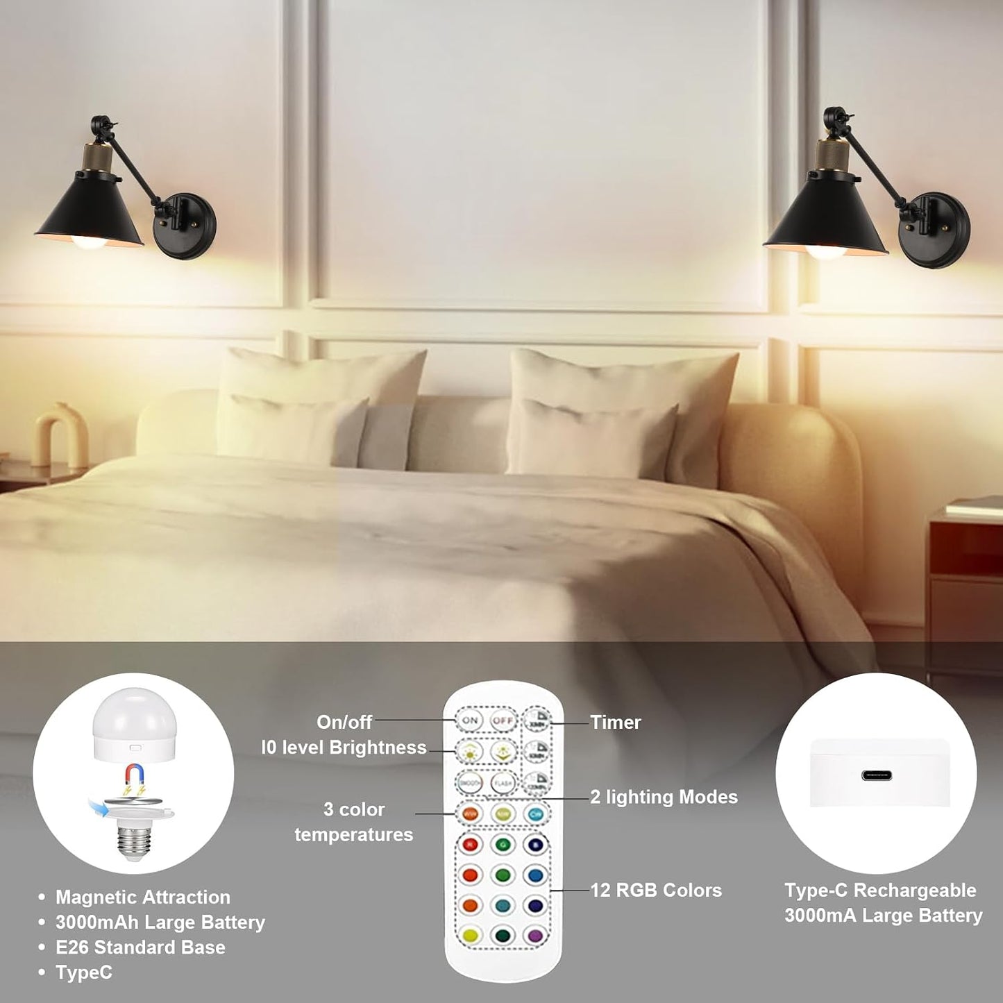 TRLIFE Rechargeable Battery Operated Wall Sconce, Dimmable and Adjustable Color Temperature Wireless Wall Sconces Set