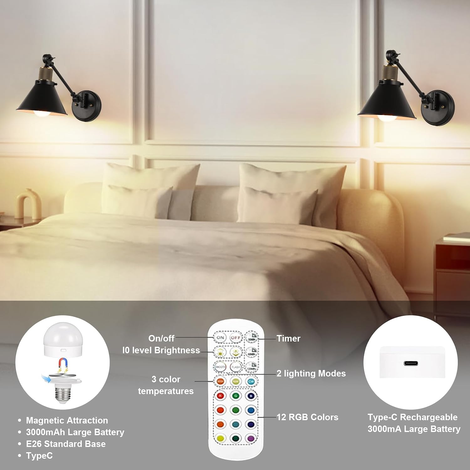 TRLIFE Rechargeable Battery Operated Wall Sconce, Dimmable and Adjustable Color Temperature Wireless Wall Sconces Set