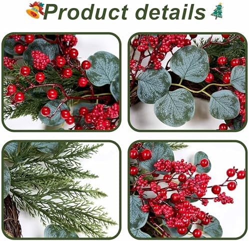 Artificial Christmas Wreath 22inch Christmas Wreaths for Front Door Xmas Red Berry Wreath with Eucalyptus Leaves Pine Needles Red Berries for Wall Farmhouse Window Winter Holidays