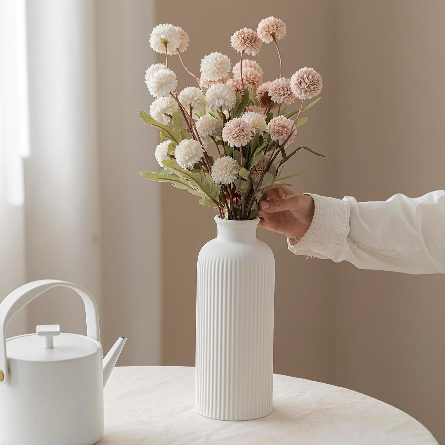 Modern Textured Decorative Vase / Bisque White / 10 Inch