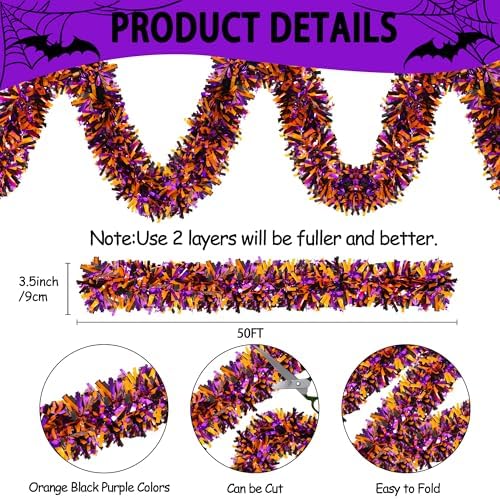 50FT Halloween Tinsel Garland Decorations for Home Tree Indoor Outdoor