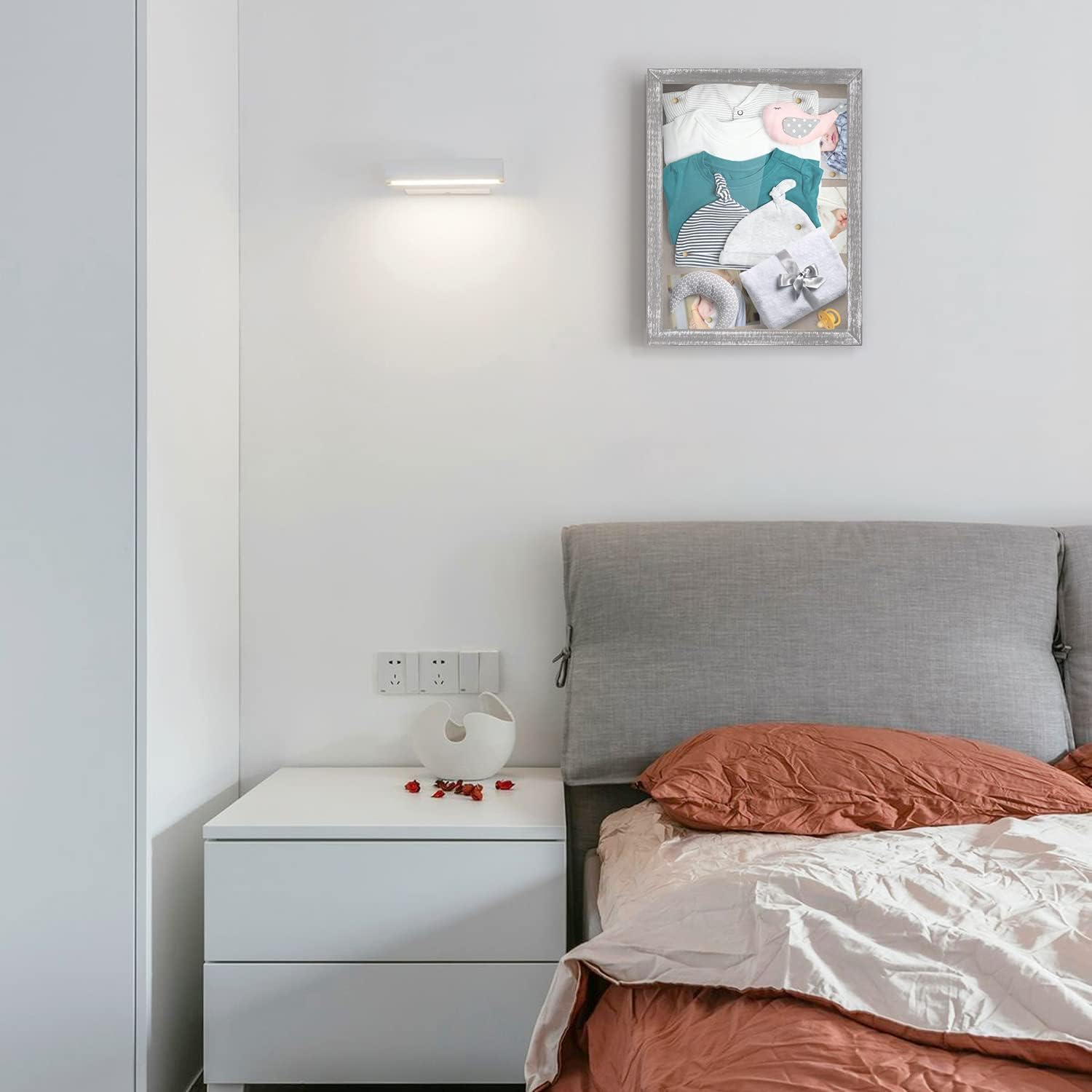 Love-KANKEI Deep Shadow Box 11x14,Solid Wood Frame,Memory Box,Rustic Grey | Front-Opening Glass Magnetic Door,Linen