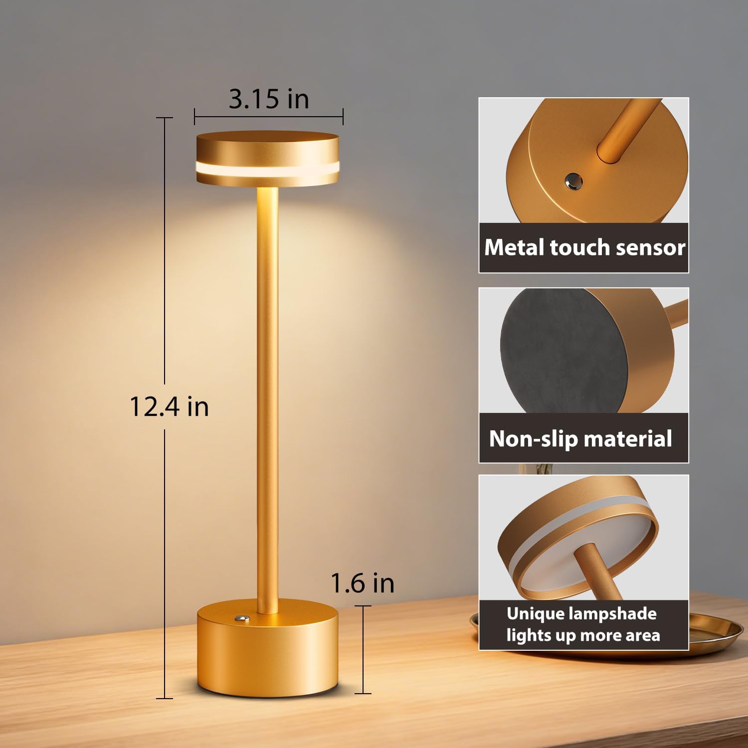 2 Pack Rechargeable Cordless Table Lamps Gold Touch Dimmable | Aluminum, Warm White, 4000mAh Battery Operated, For Home