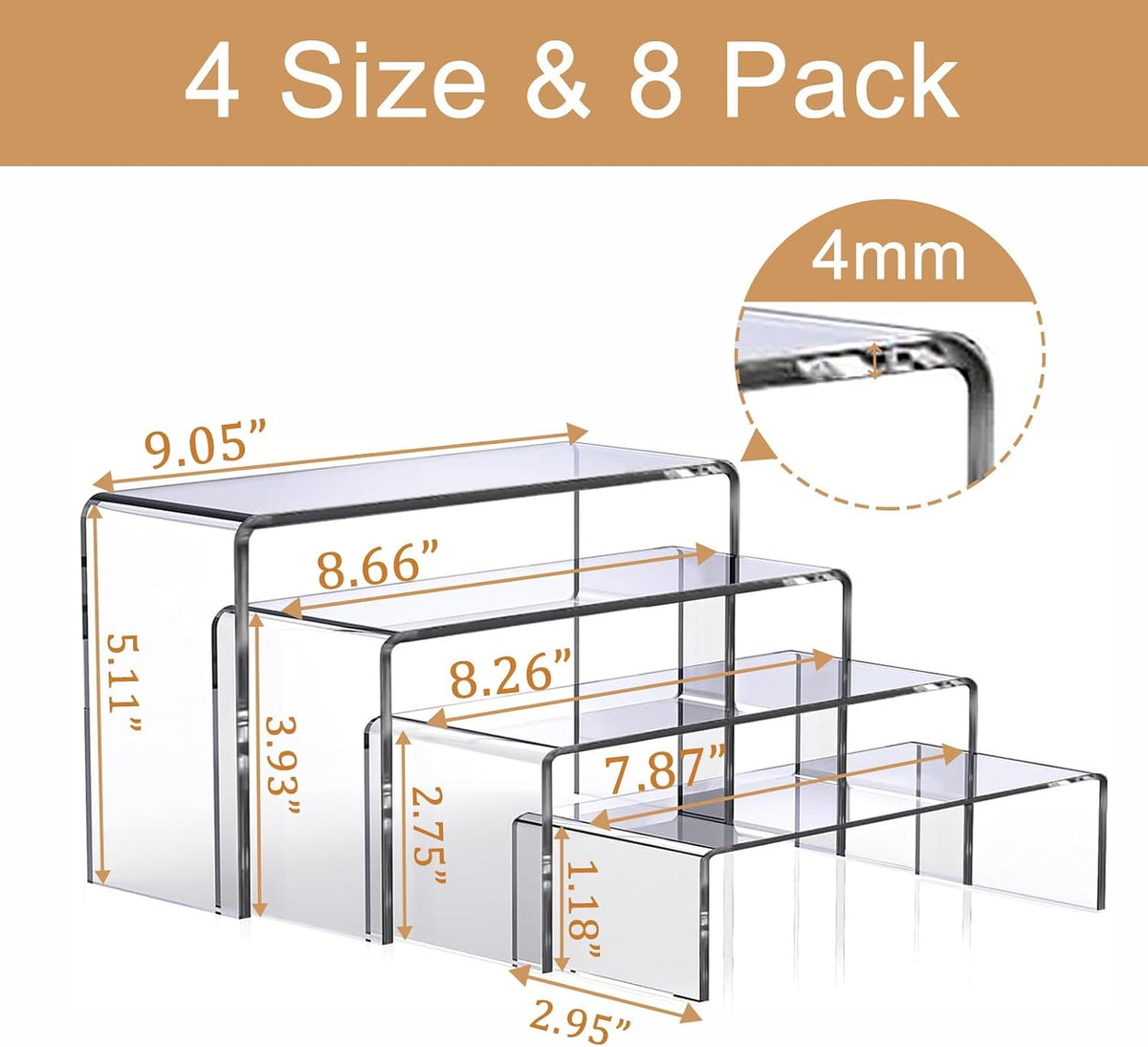 MerryNine Clear Acrylic Risers Display Stands Multi-Size | 8-Piece Set, Rectangular, 8"~9", 4mm Thick, Ideal for