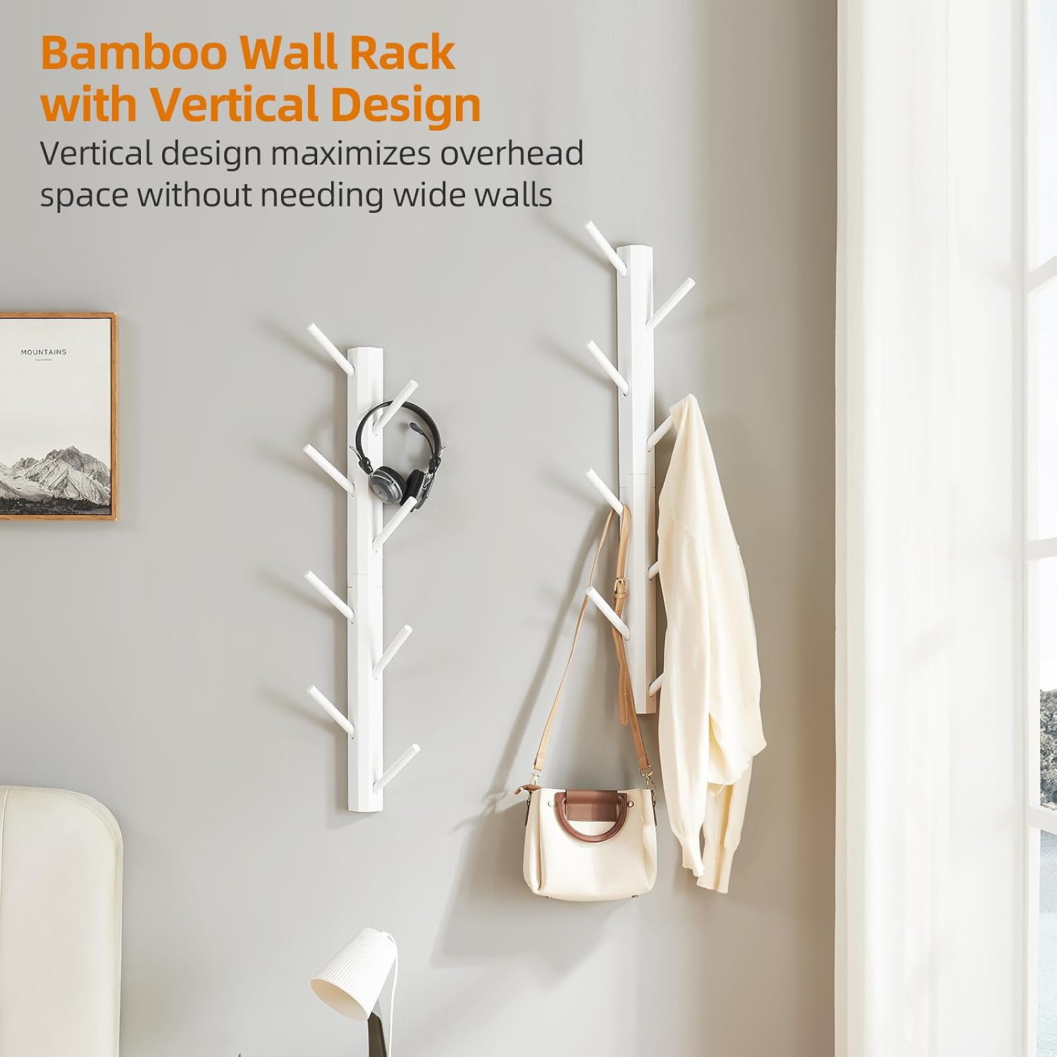 2-Pack Vertical Wall Mount Coat Rack for Clothes and Hats, White | Bamboo construction, 16 polished hooks, max 50 lbs
