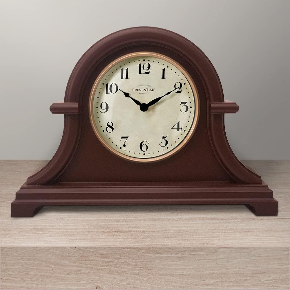 Mantel Clock Vintage Farmhouse Series | Napoleon Desk & Shelf Clock, 13 x 10", Domed Lens, Quartz Movement, Walnut