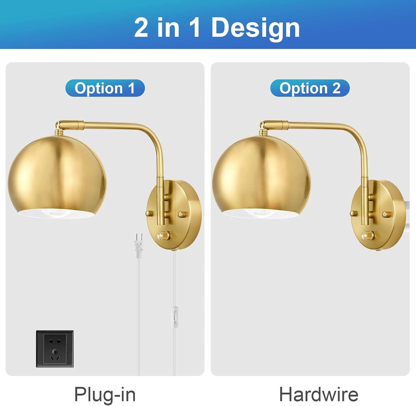 VATONI Plug in Dimmable Wall Sconce Swing Arm Wall Lights with Plug in Cord and Dimmer On/Off Knob Switch, Brushed