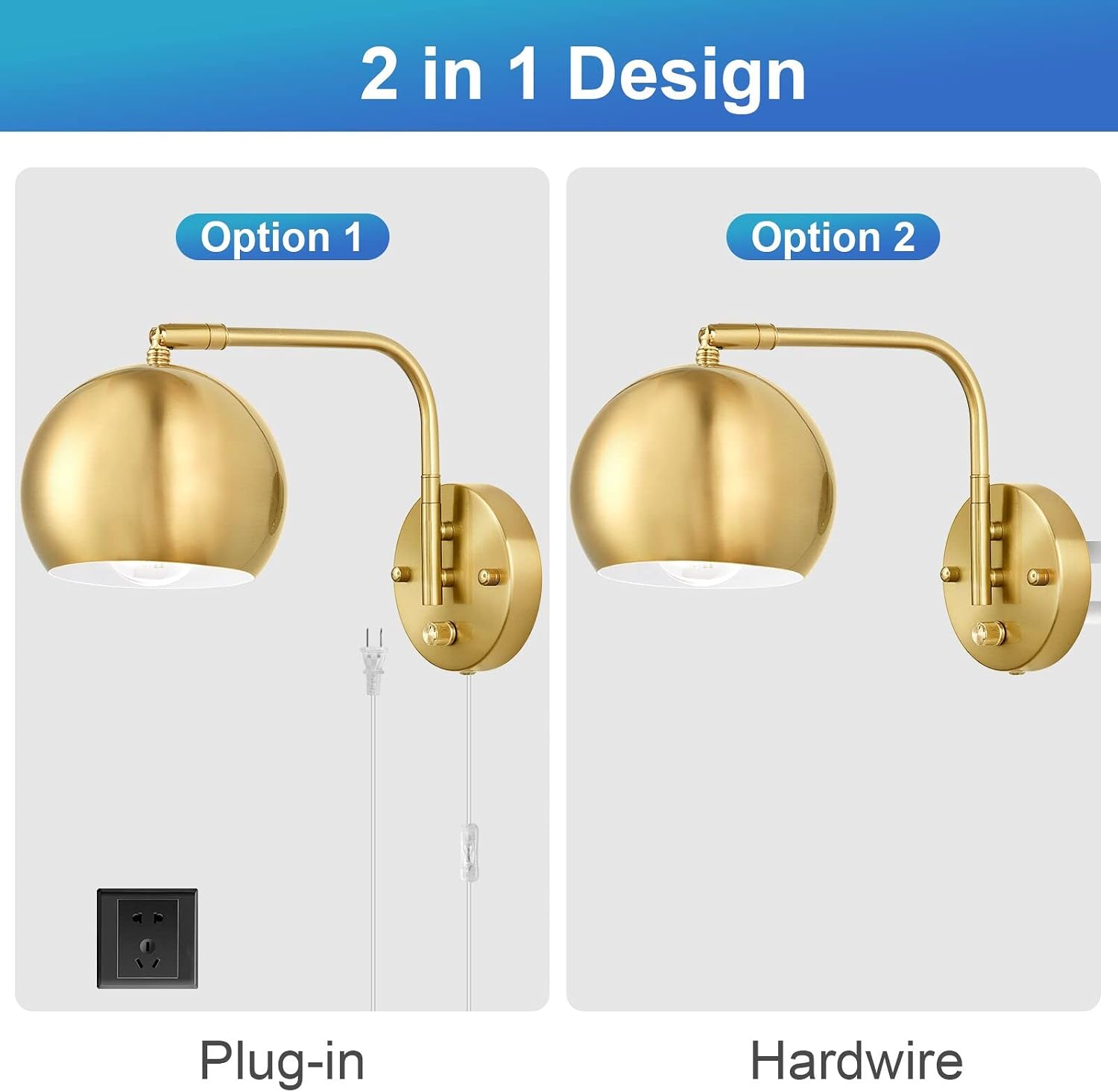 VATONI Wall Sconces Plug in, Dimmable Wall Sconce Swing Arm Wall Lights with Plug in Cord and Dimmer On/Off Knob