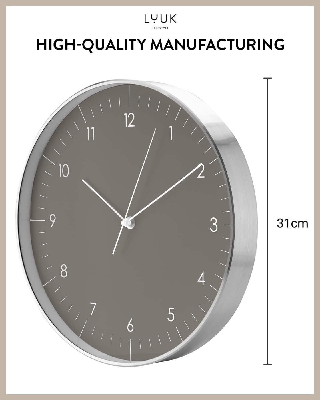 Modern Silent Quartz Wall Clock, 12in, Dark Grey & Gold | Chic & Minimalist, Non-ticking, Analog, Arabic numerals
