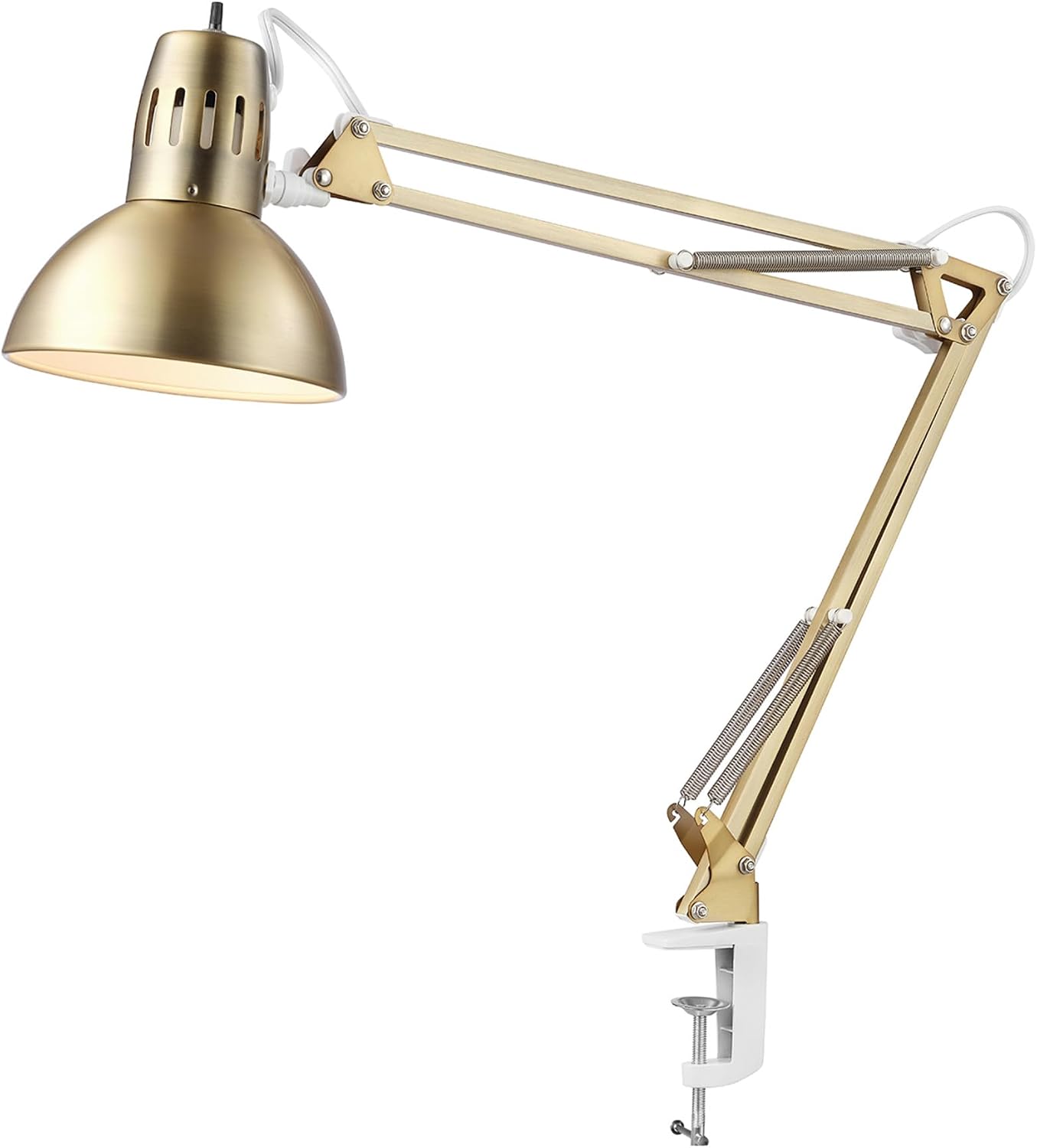 Globe Electric 62000010 32" Multi-Joint Desk Lamp with Metal Clamp, Matte Brass, White Accents, On/Off Rotary Switch on
