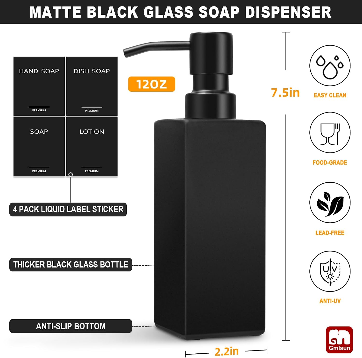 GMISUN Black Soap Dispenser, Hand Soap Dispenser Bathroom, 12 fl oz/350ml Glass Soap Dispensers with Stainless Steel