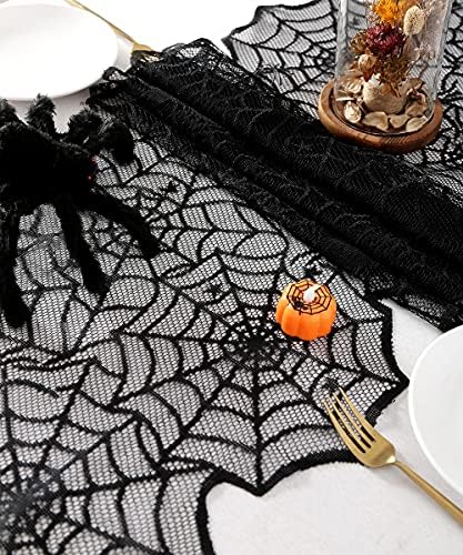 Halloween Table Runners for Halloween Decor - 4 Packs Vivid Polyester Black Lace Spider Web Table Runners 18 x 72 Inches for Halloween Masquerade Party Dinner Table Decorations