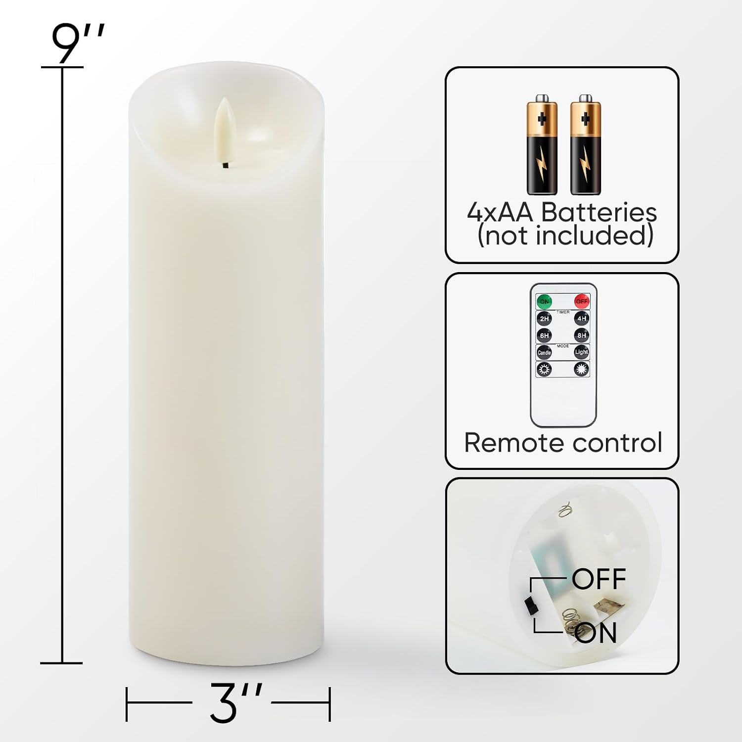 5plots 9" x 3" Flickering Flameless Candles - Battery Operated Wax LED Candles - Amber Yellow Light with Remote and
