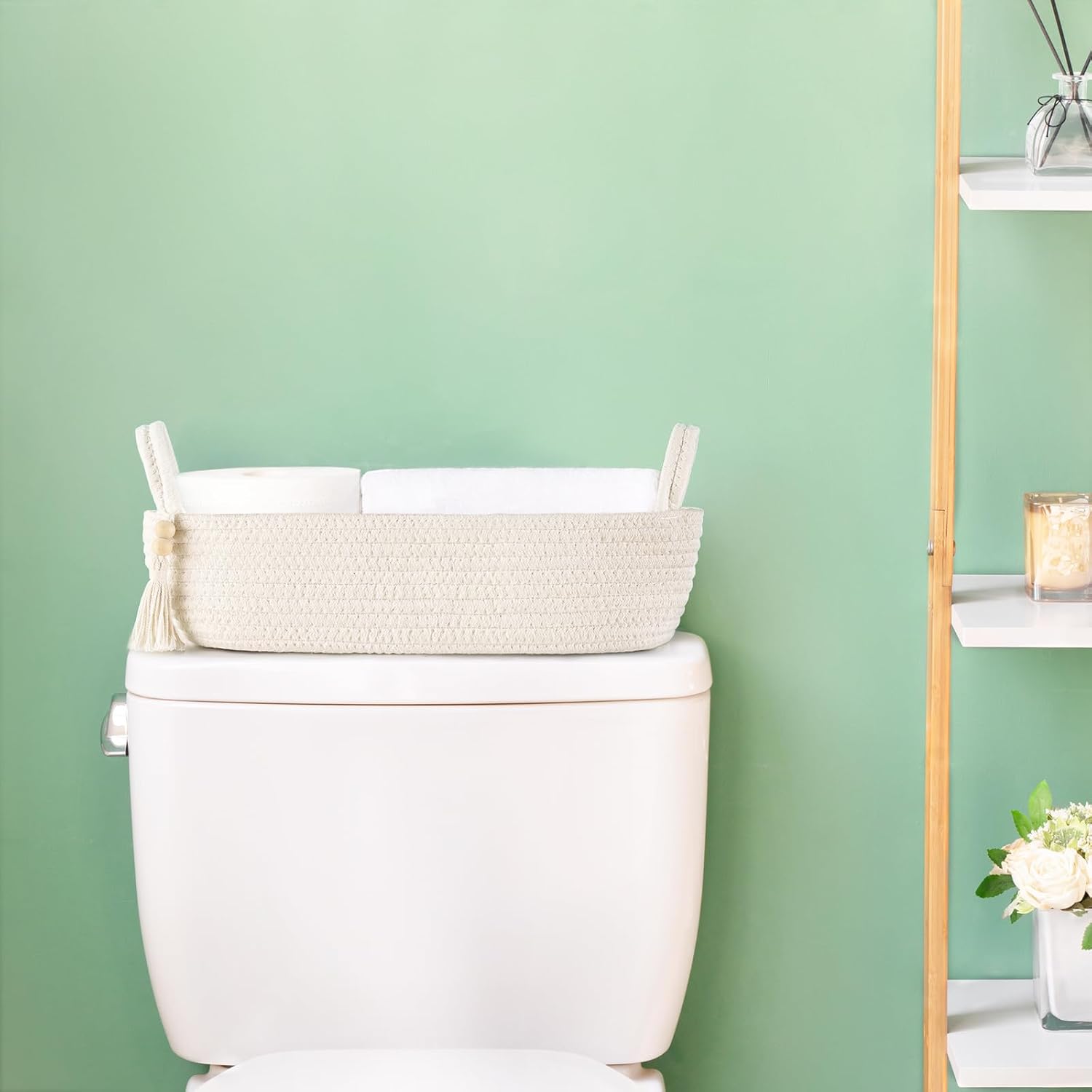 Small Storage Basket for Toilet Tank Top Boho Bathroom Decor Woven Rope Toilet / White / Medium