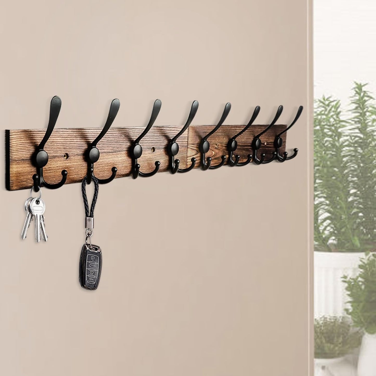 Coat Rack Wall Mount 31.5'' Coat Hanger Wall Mount / 1 Item-8 Hooks / Burnt Brown Plate & Black Hook