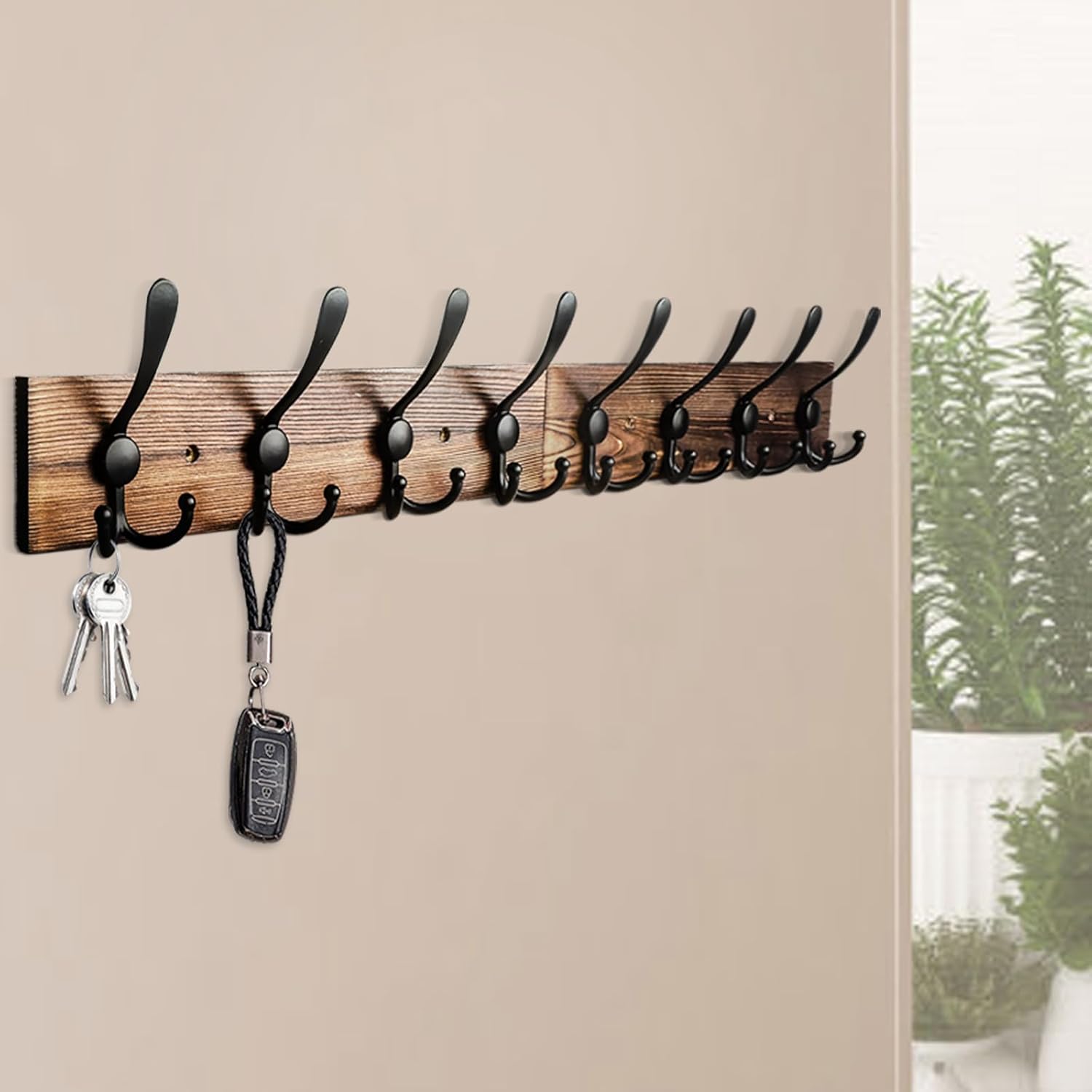 Coat Rack Wall Mount 31.5'' Coat Hanger Wall Mount / 1 Item-8 Hooks / Burnt Brown Plate & Black Hook