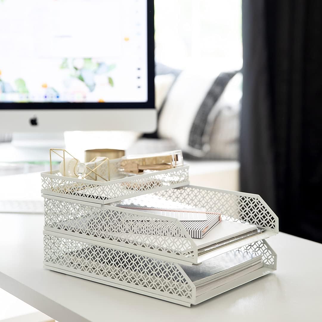 BLU MONACO | White Desk Organizer Set | 6 Piece Metal Desk Organizer with Pen Cup, Accessory Trays, and Letter Trays