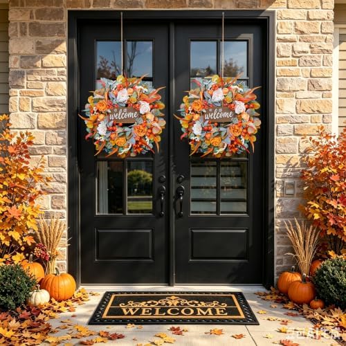 Fall Wreath for Front Door, 24 Inch Autumn Wreath with lamb's Ear Leaves, Roses, Berries & Wooden Sign,Fall Decorations for Home, Artificial Flowers Harvest and Thanksgiving Indoor & Outdoor