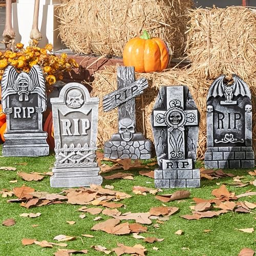 JOYIN 17” Halloween Foam RIP Graveyard Tombstones (5 Pack), Halloween Tombstones Decorations Outdoor for Graves With 12 Metal Stakes For Cemetery Yard Lawn Party Decor