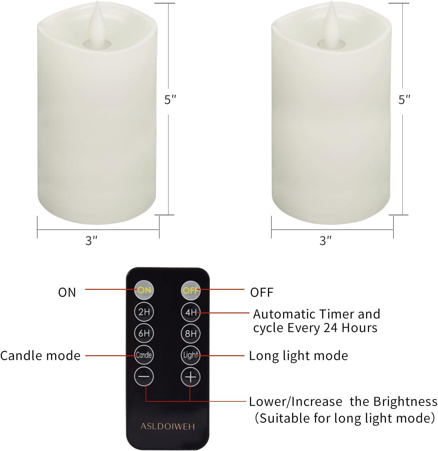 3" x 5" Flameless Candles Set of 2, 2AA Battery Life 600 Hours Battery Candles Flickering with Timer, 5 inch Flameless