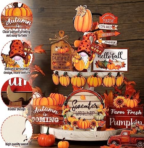 Dandat 16 Pcs Fall Tiered Tray Decoration Set for Autumn Home Table