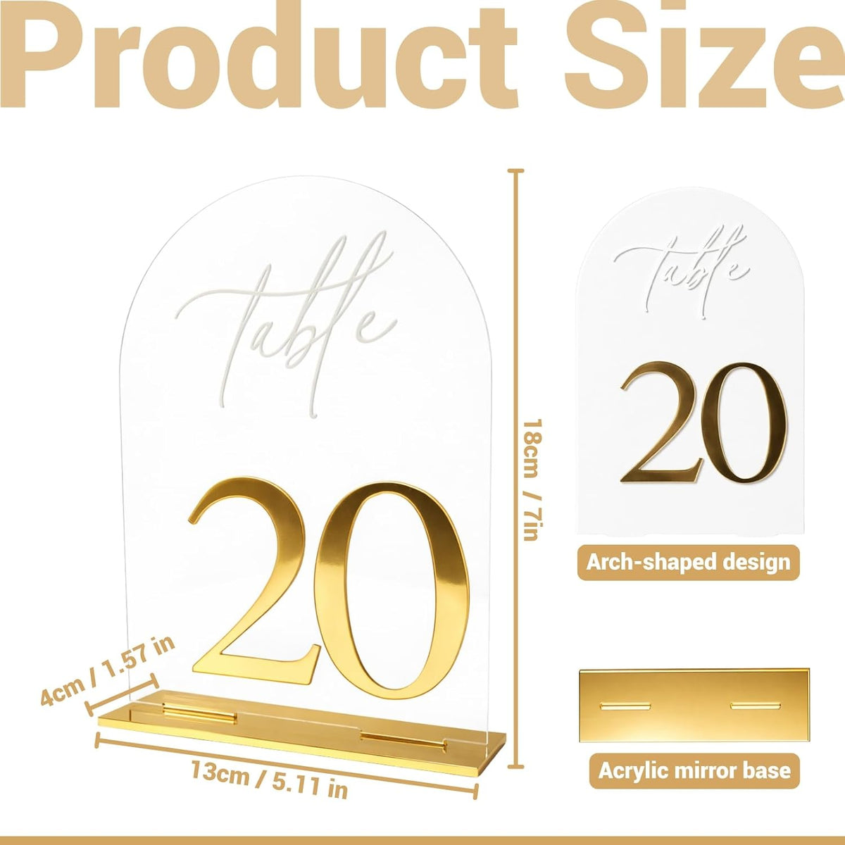 Wedding Table Numbers 1-20, Reception, 5.5" x 7" Clear Acrylic Arch Signs | Raised 3D gold numbers bring a refined