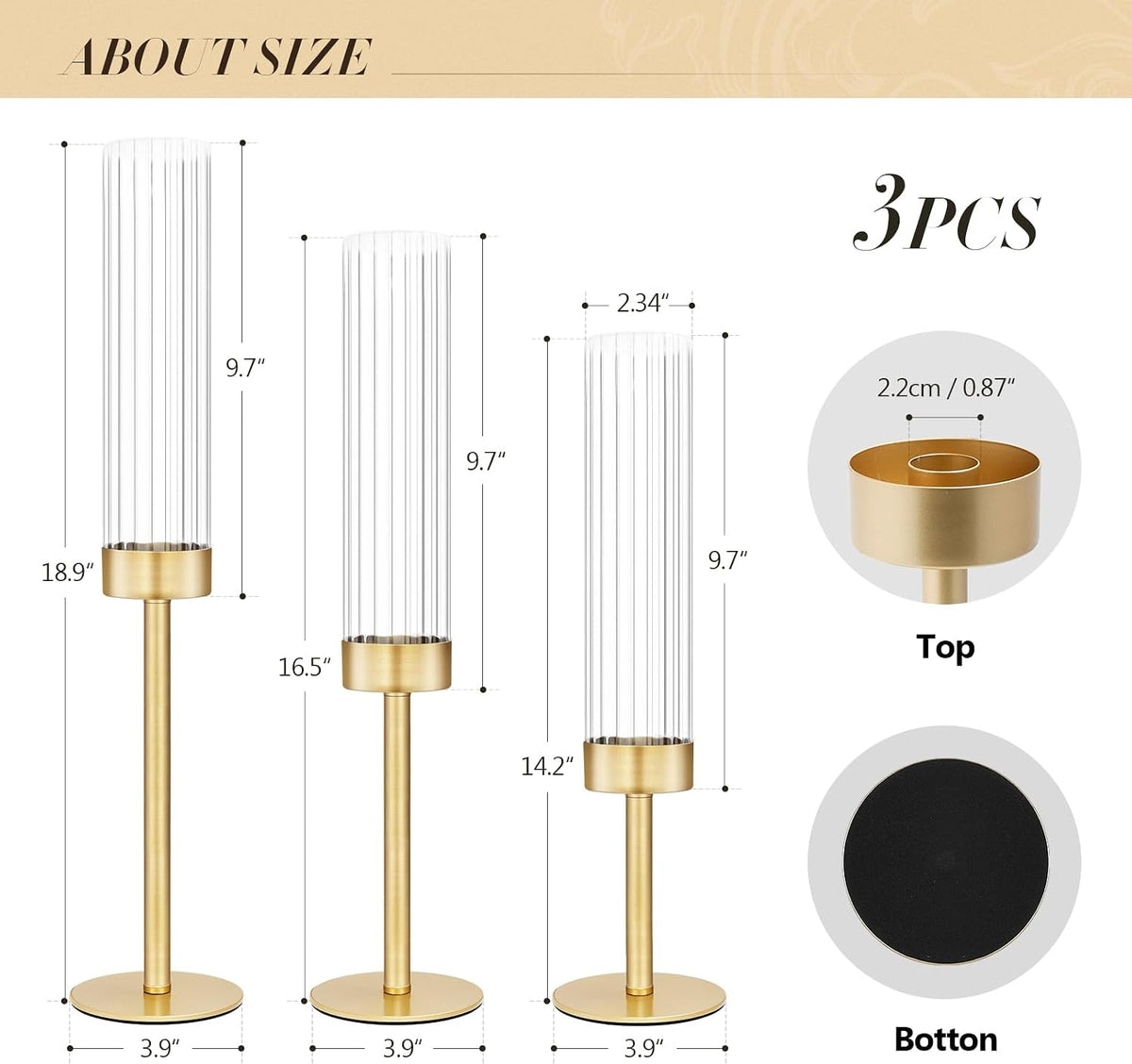 Glass Hurricane Candlestick Holders Gold, KSWING Set of 3 Taper Candle Holders Brass Tall Clear Candle Stand Holders