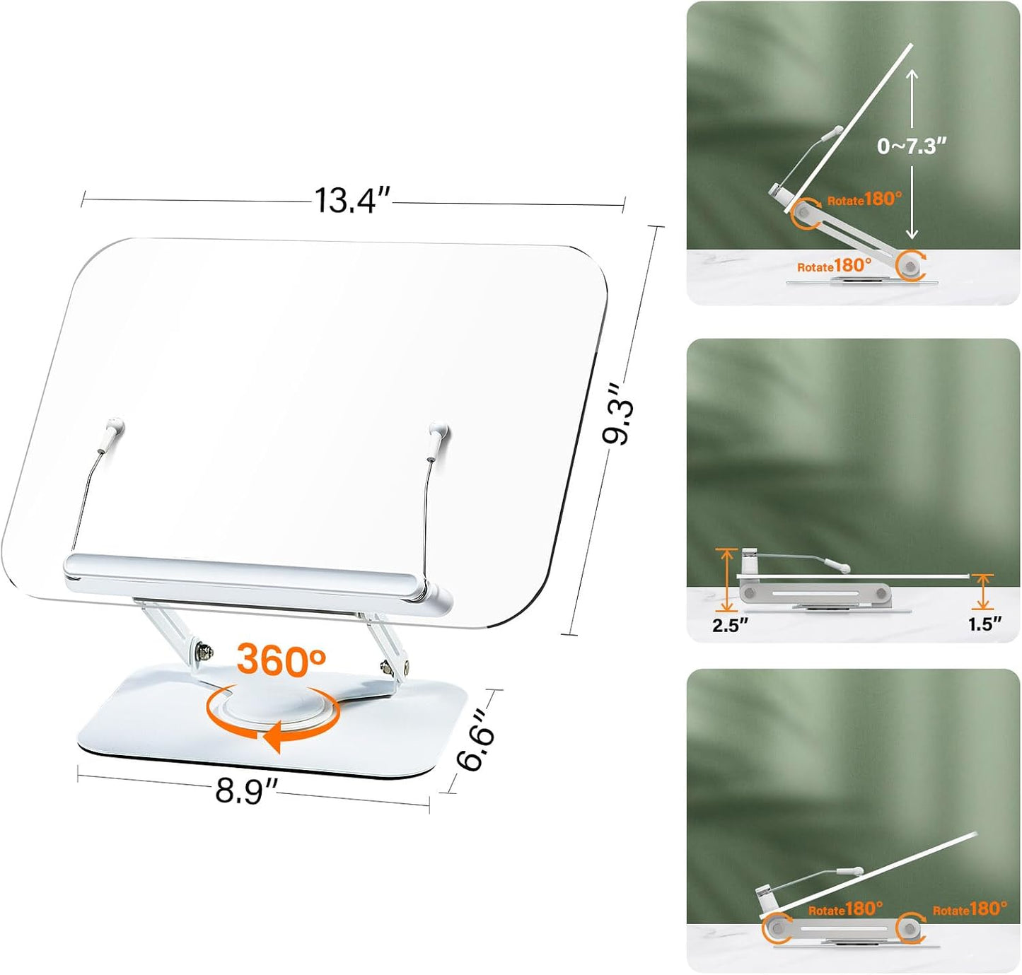 BYMECOST Acrylic Book Stand for Reading, Adjustable Book Holder,Black | Foldable Desktop Riser Stand with 360° Rotating