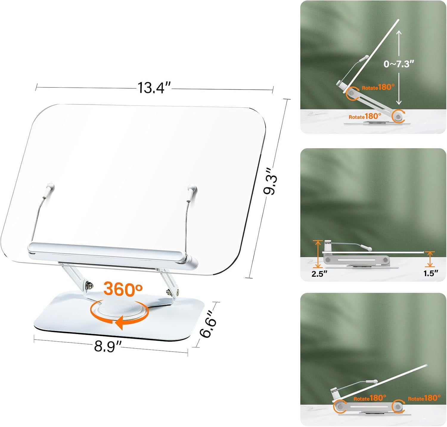 BYMECOST Acrylic Book Stand for Reading, Adjustable Book Holder,Black | Foldable Desktop Riser Stand with 360° Rotating