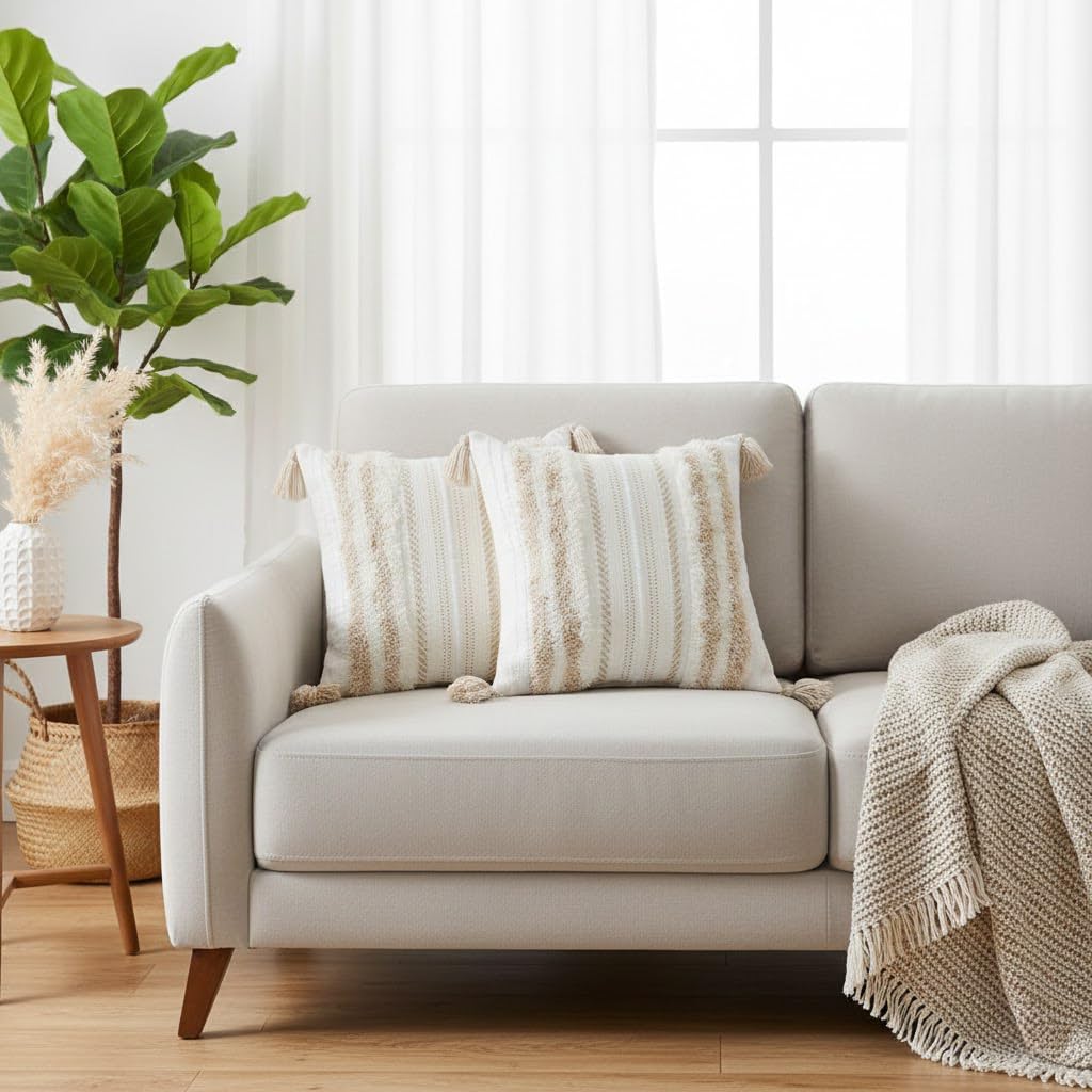 Summer Decorative Boho Throw Pillow Covers / 18 x 18 / Khaki and Cream White / Set of 2
